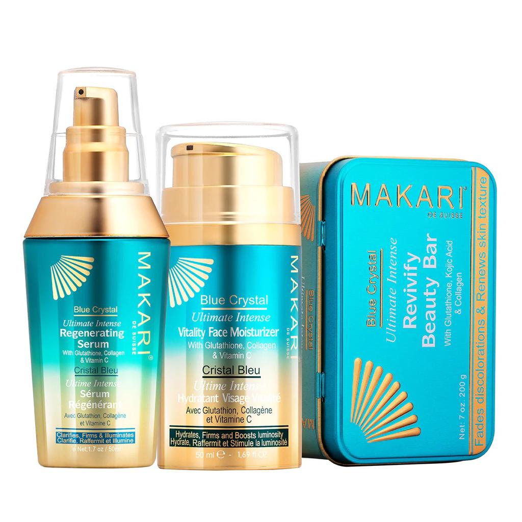 makari glutathione Bright Clear Skin with Blue Crystal Makari Shop Use daily with Makaris complete line of Blue Crystal lightening products to achieve your ideal shade of beautiful.What You Get 1 x 16.8oz Bottle of Blue Crystal Reviving Body Lotion by Makari A safe alternative to harmful skin bleaching creams Rejuvenating vitamins and oils that tone and heal A luxury lotion specially designed for beautiful black skin Makari Ultimate Intense Blue Crystal