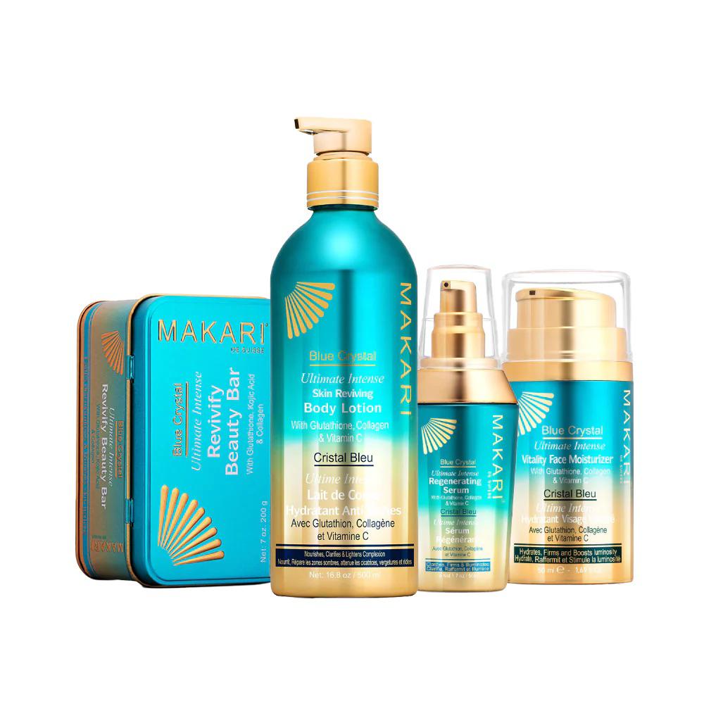 makari glutathione Ultimate Intense Blue Crystal Face Moisturizer | Collagen & Cream for Men & Women | Hydrating Lotion with Sunflower Seed Oil (50 ml) Use daily with Makaris complete line of Blue Crystal lightening products to achieve your ideal shade of beautiful.What You Get 1 x 16.8oz Bottle of Blue Crystal Reviving Body Lotion by Makari A safe alternative to harmful skin bleaching creams Rejuvenating vitamins and oils that tone and heal A luxury lotion specially designed for beautiful black skin Makari Blue Crystal Reviving 2